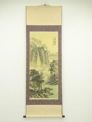 中国　作家物　松峰飛瀑　彩色山水　肉筆絹本掛軸